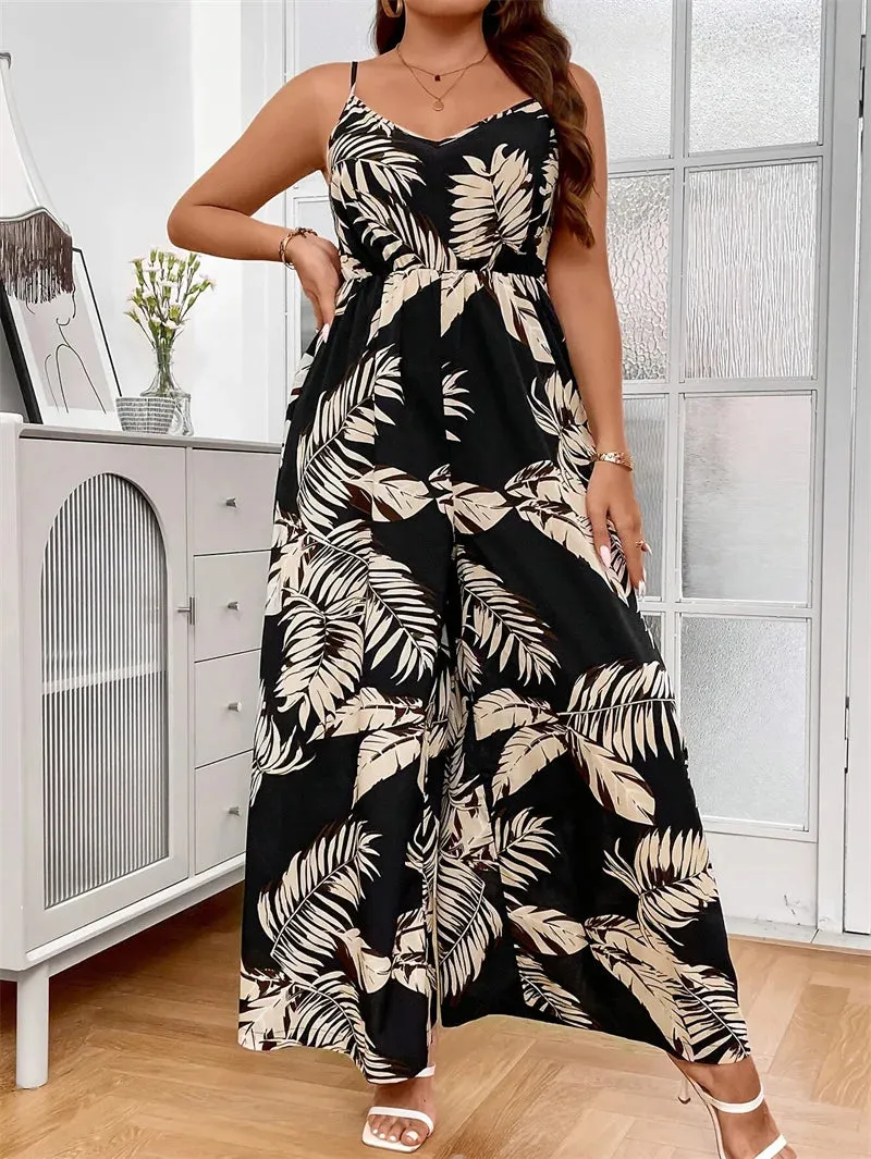 Plus Size Tropical Print Cami Jumpsuits