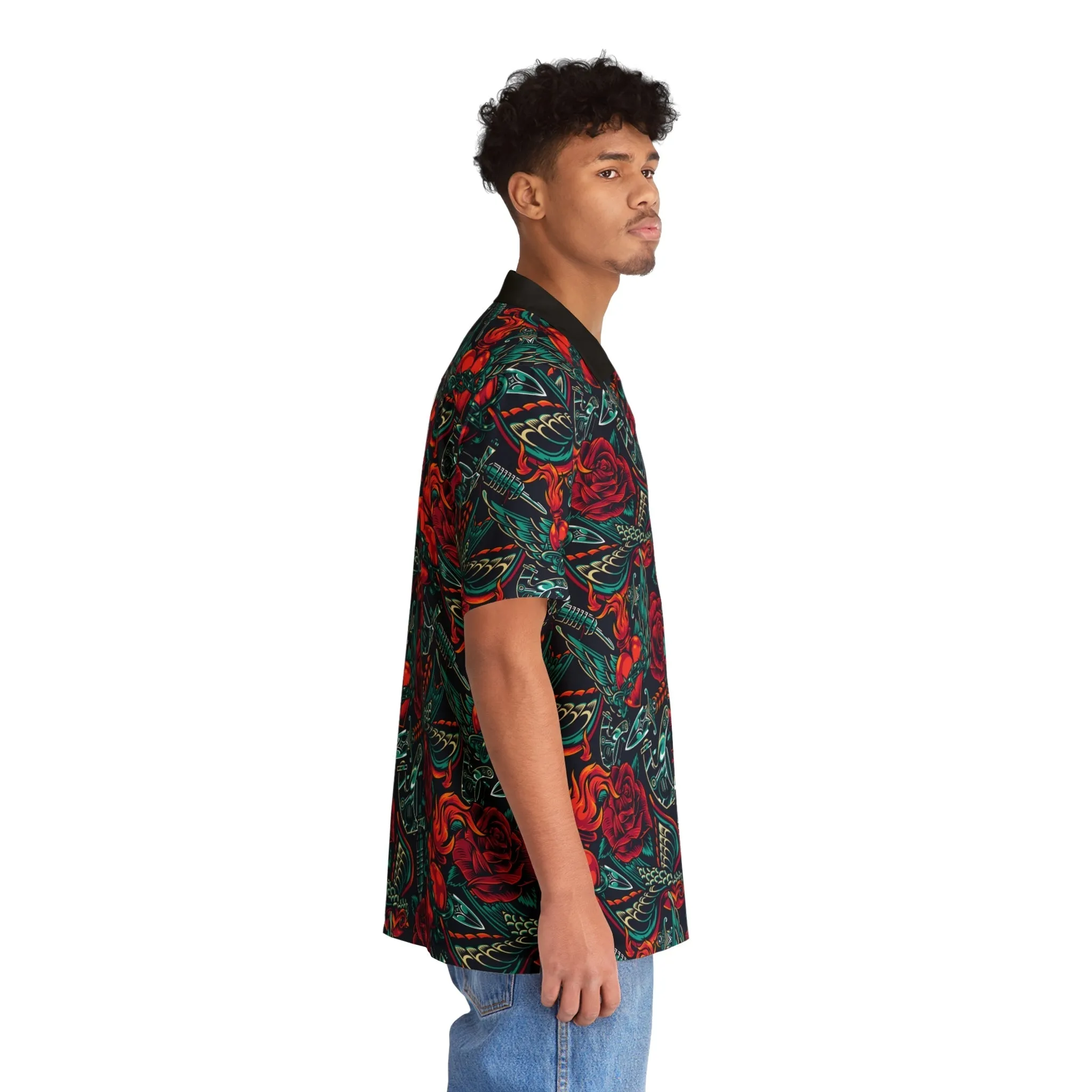 "Tattoos 'N Hearts" Cotton Button-Up Shirt