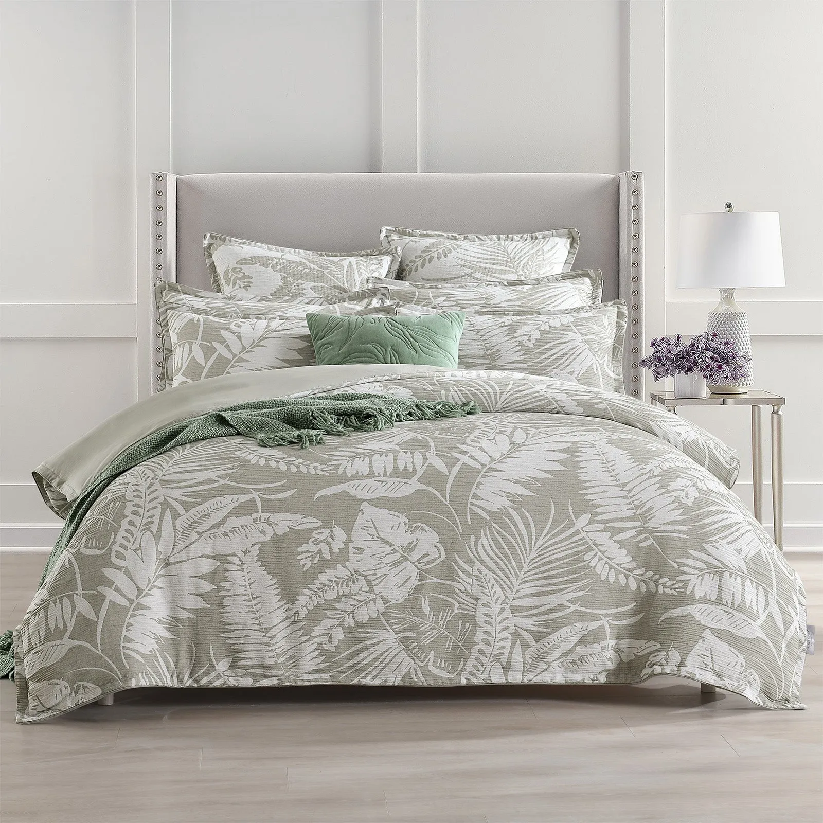 Renee Taylor Palm Tree Jacquard Quilt Cover Set - Sage Green