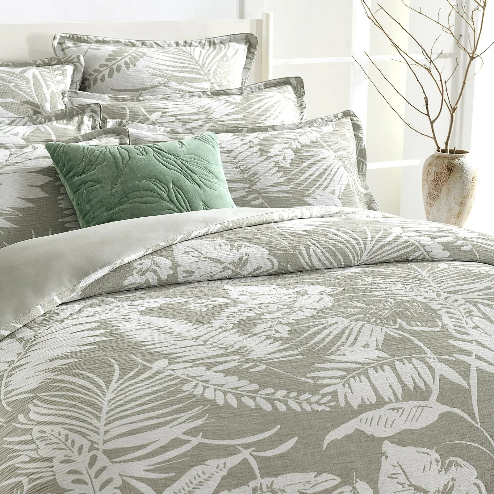 Renee Taylor Palm Tree Jacquard Quilt Cover Set - Sage Green