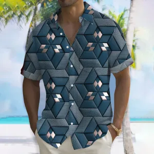 Retro Geometric 3D Printed Men's Button Pocket Short Sleeve Shirt