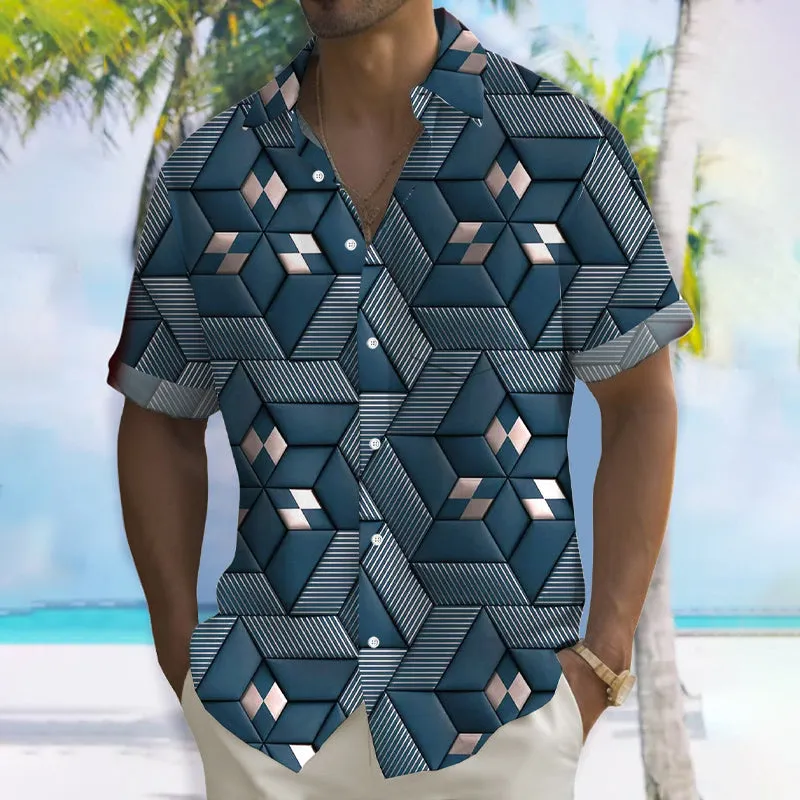 Retro Geometric 3D Printed Men's Button Pocket Short Sleeve Shirt