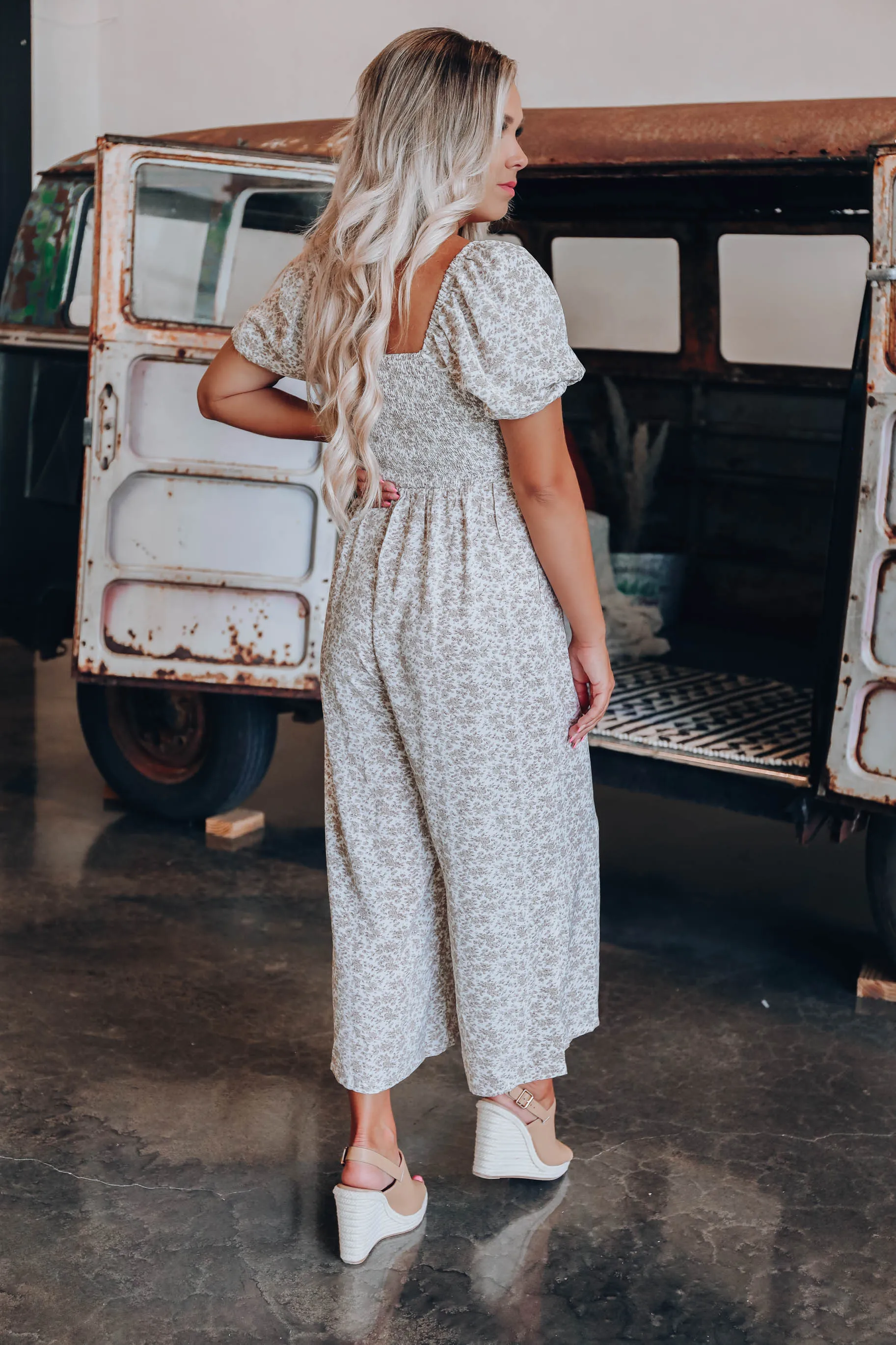 Sadie Smocked Floral Jumpsuit - Tan