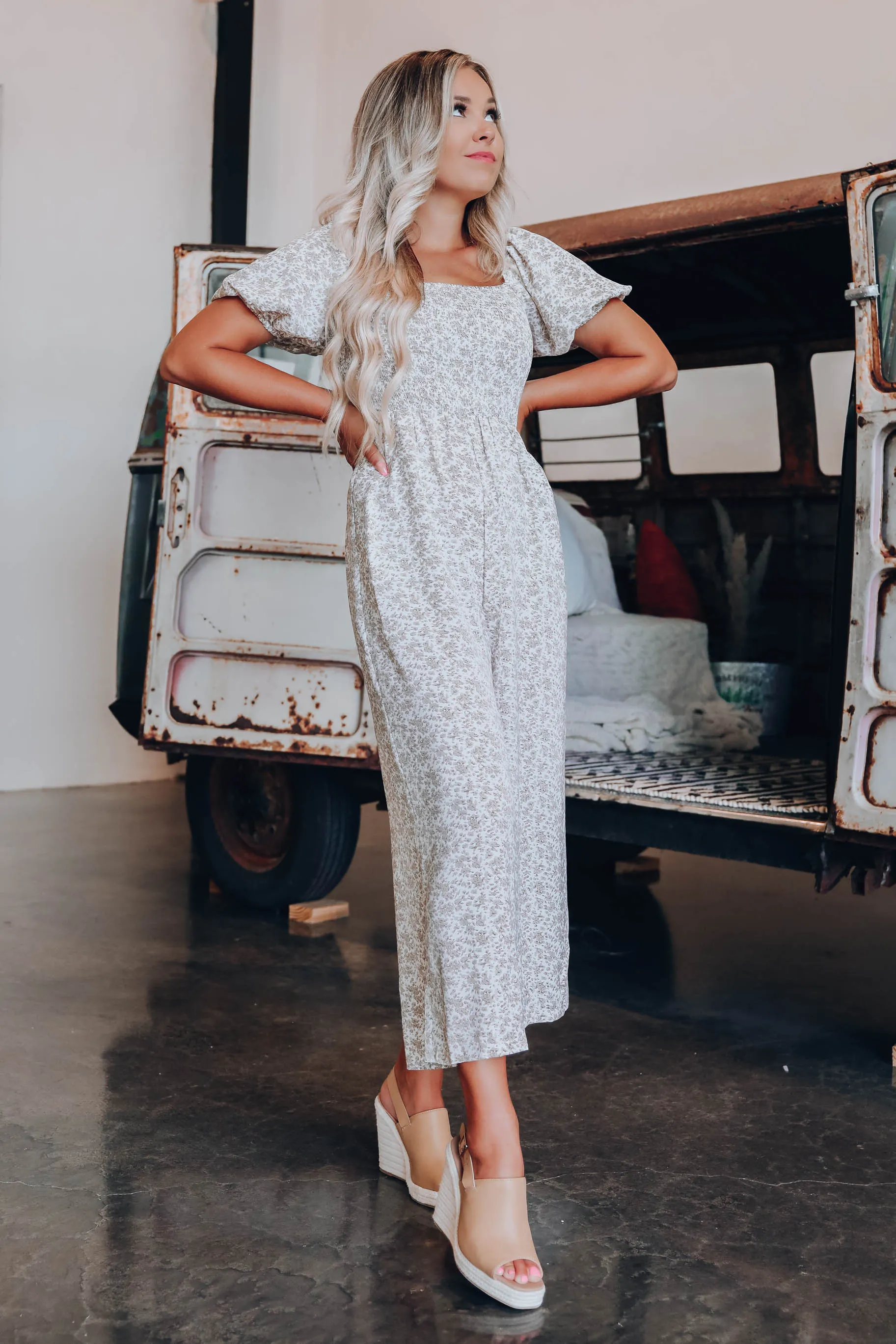 Sadie Smocked Floral Jumpsuit - Tan