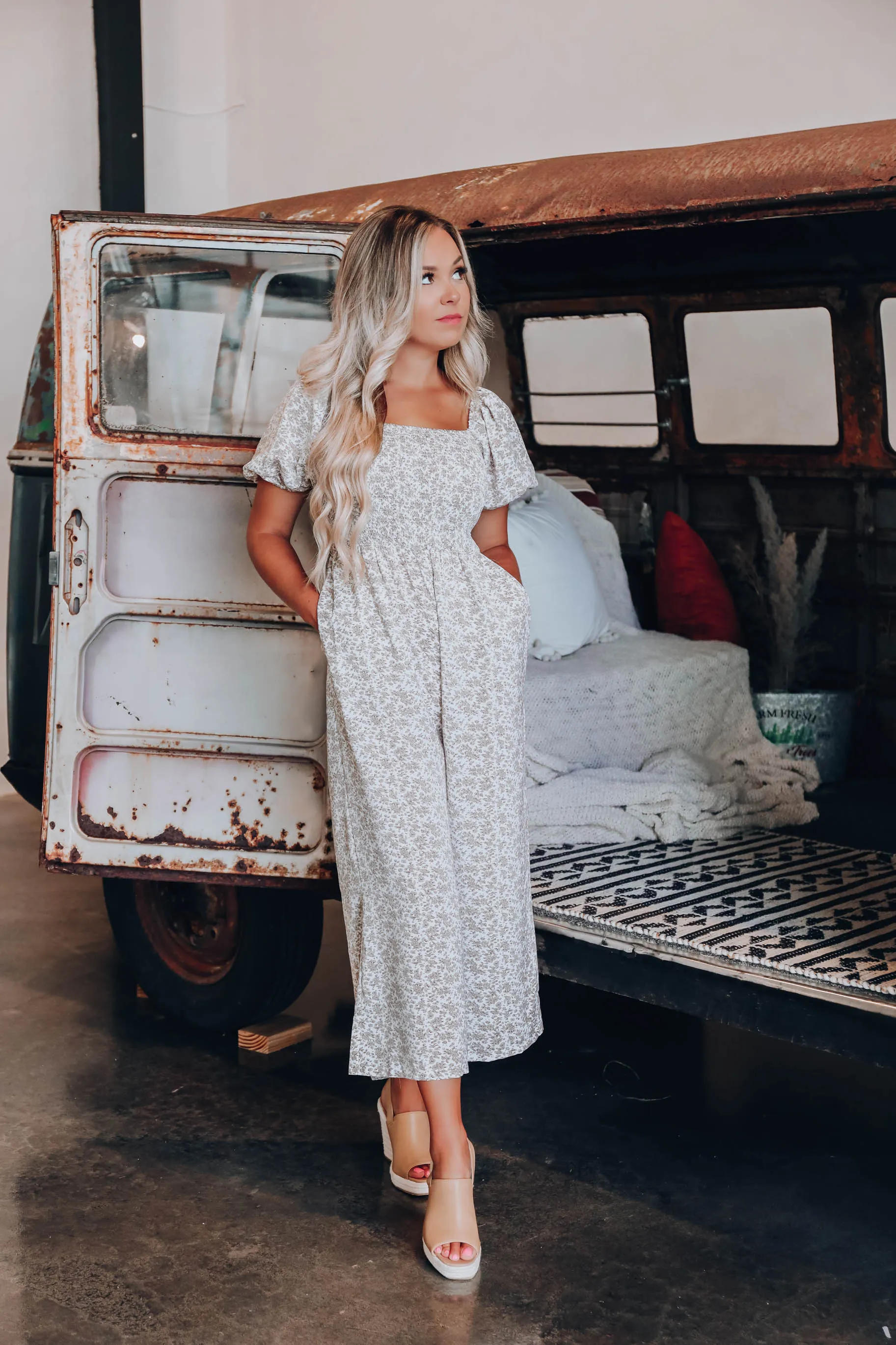 Sadie Smocked Floral Jumpsuit - Tan