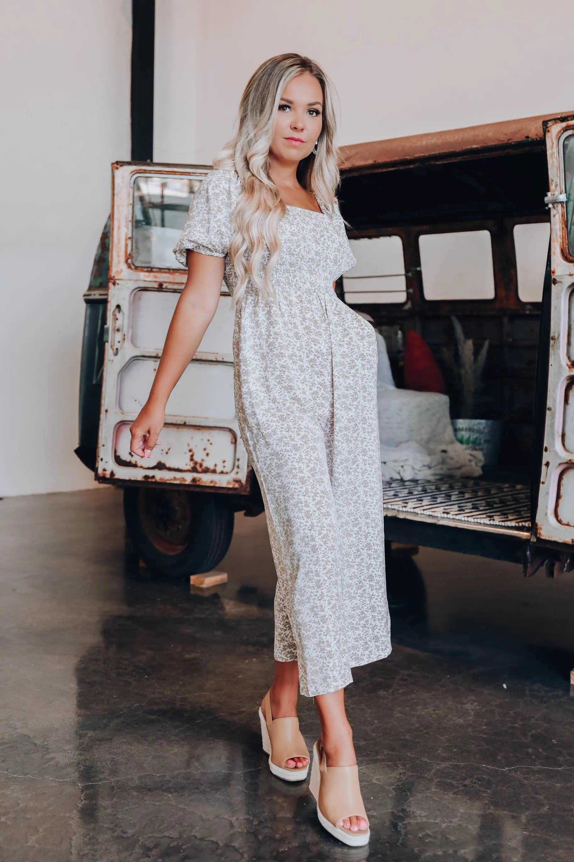 Sadie Smocked Floral Jumpsuit - Tan