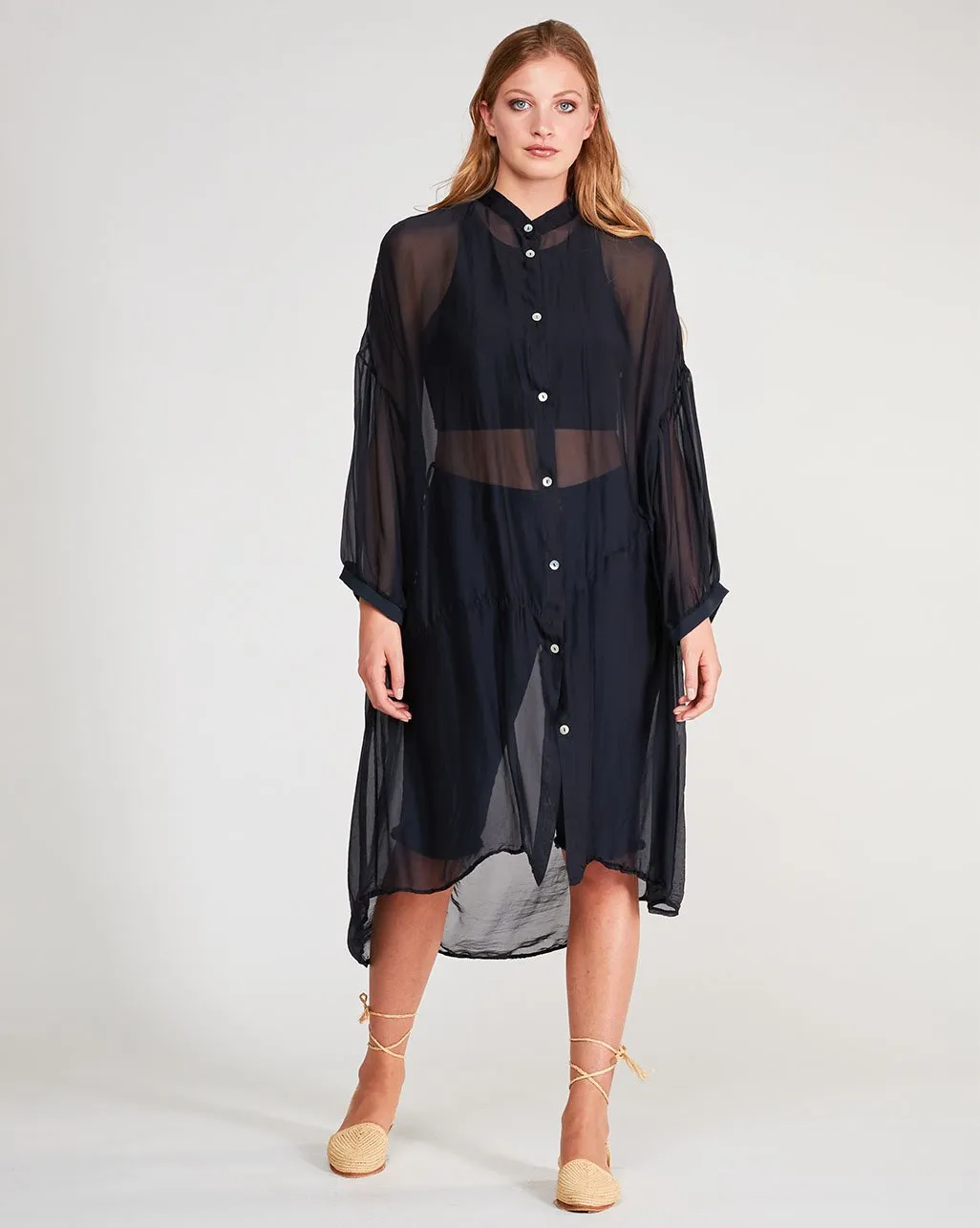 Silk Blend Sheet Button-Up Shirtdress
