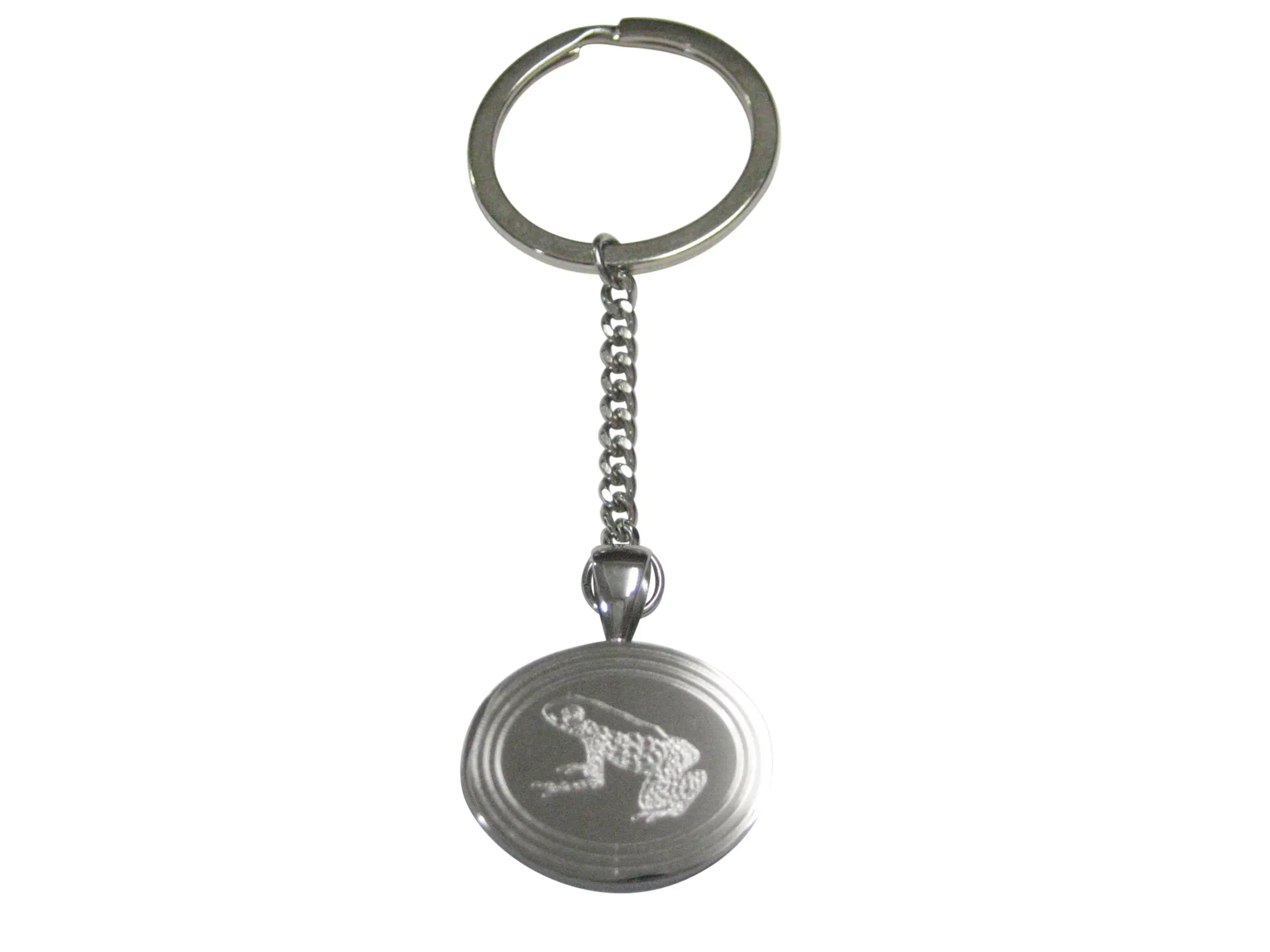 Silver Toned Etched Oval Tropical Frog Pendant Keychain