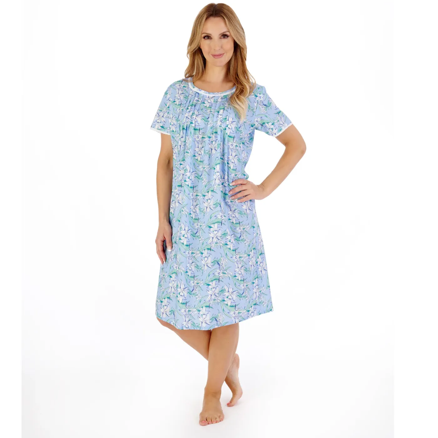 Slenderella Tropical Flower Print 42" Woven Nightdress | Blue