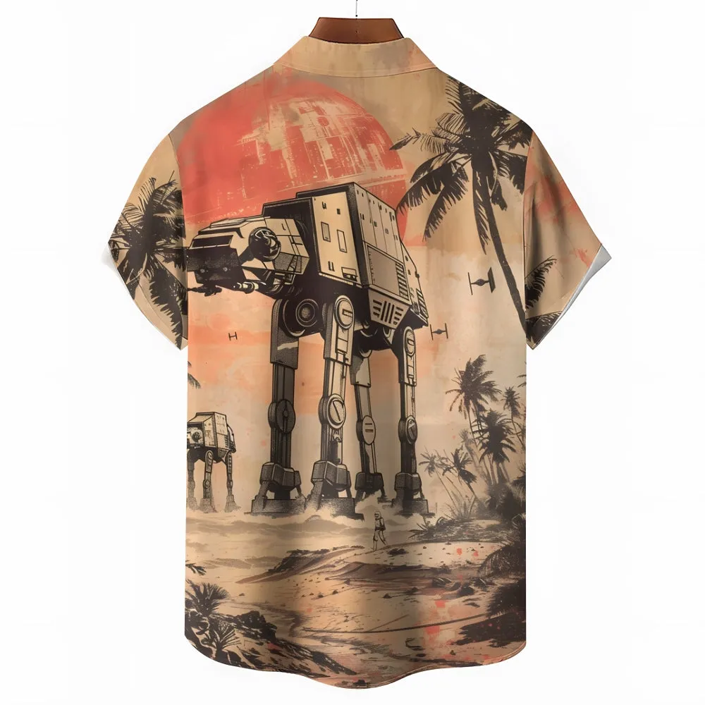 Space War Print Casual Large Size Short-Sleeved Shirt 2407003376