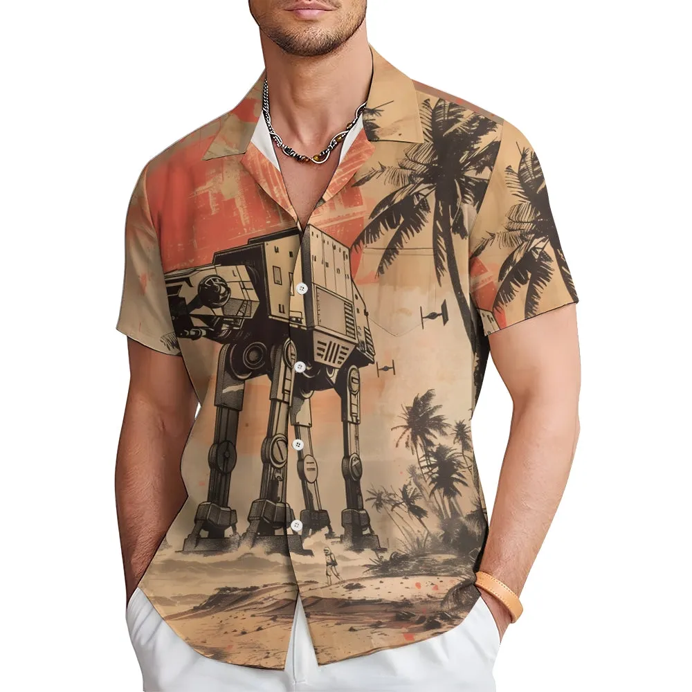 Space War Print Casual Large Size Short-Sleeved Shirt 2407003376