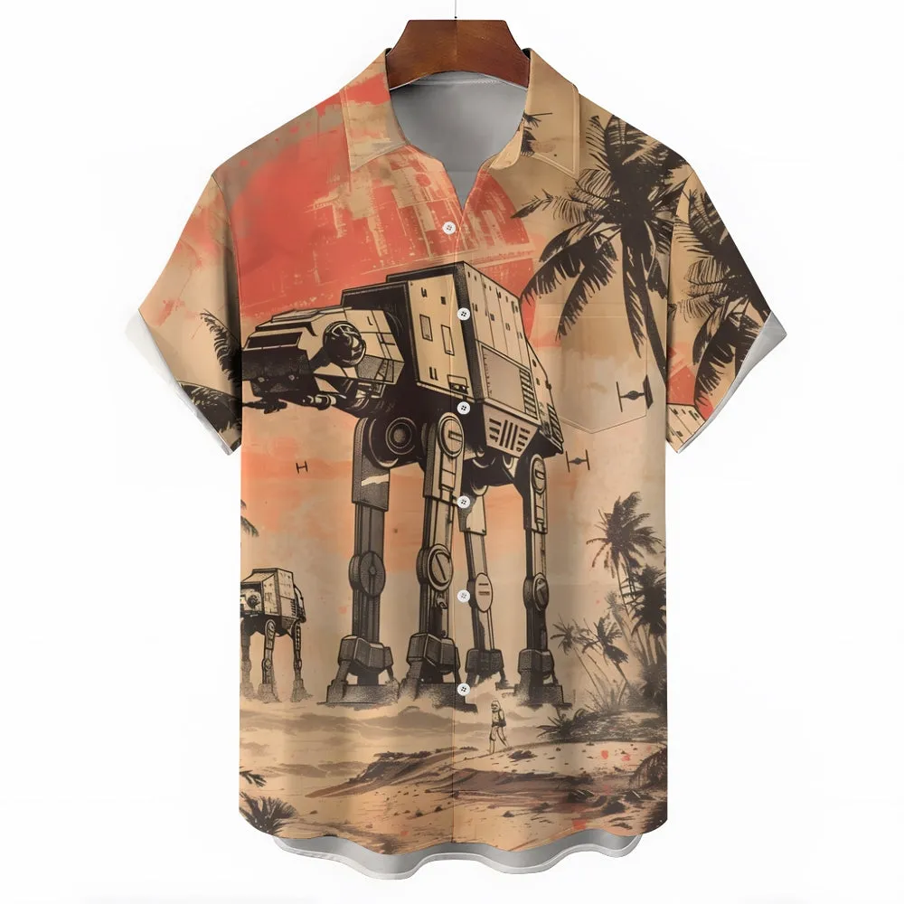 Space War Print Casual Large Size Short-Sleeved Shirt 2407003376