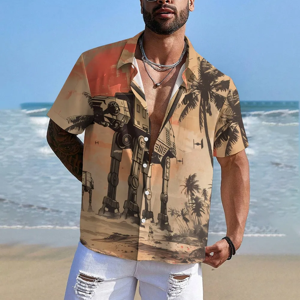 Space War Print Casual Large Size Short-Sleeved Shirt 2407003376