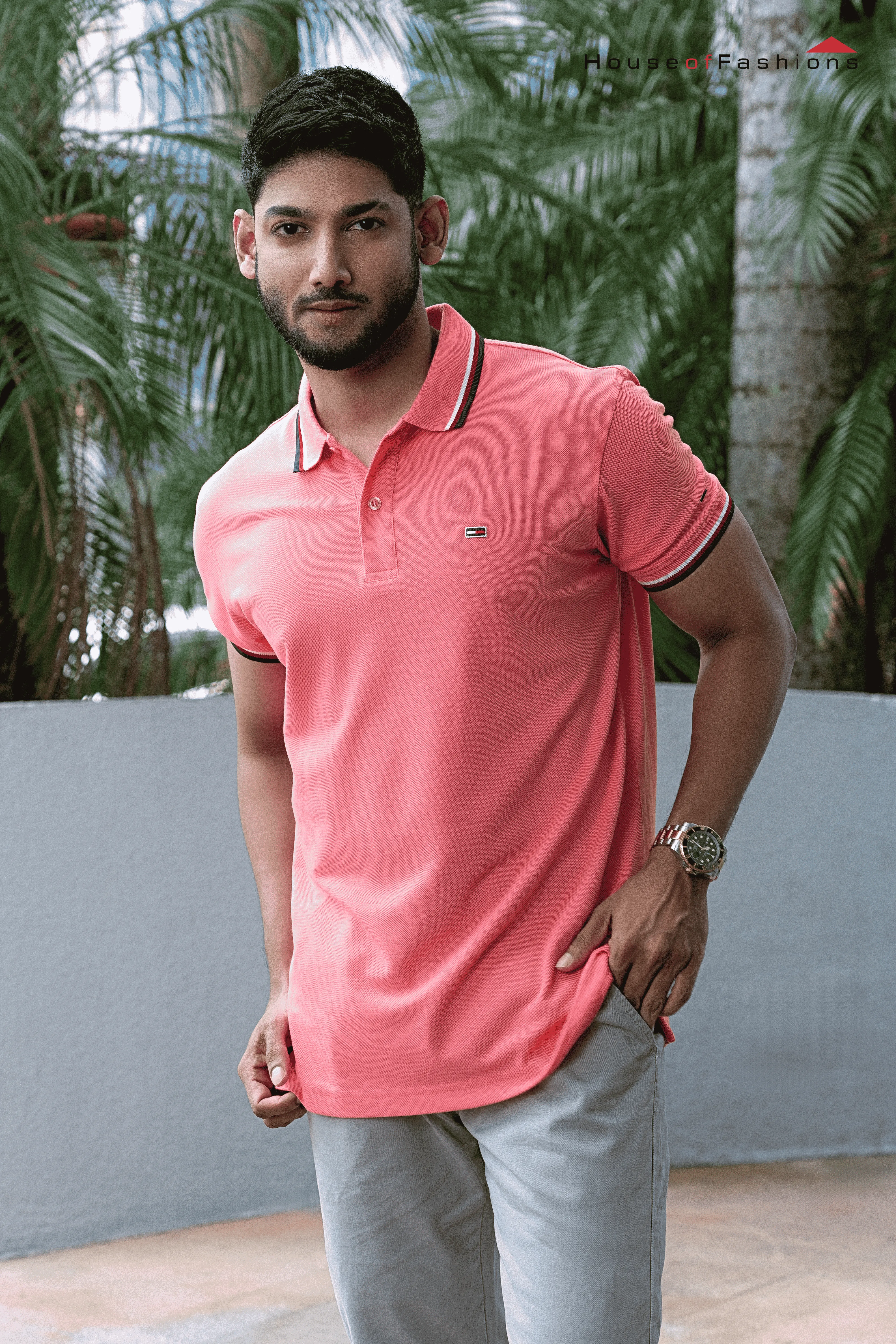Striped Polo Neck Cotton Pink T-Shirt