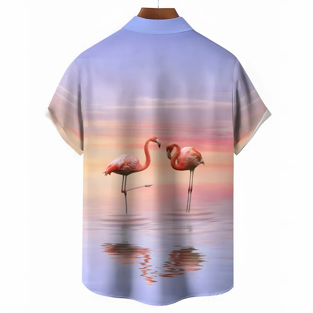 Sunset Flamingo Casual Short Sleeve Shirt 2409002763