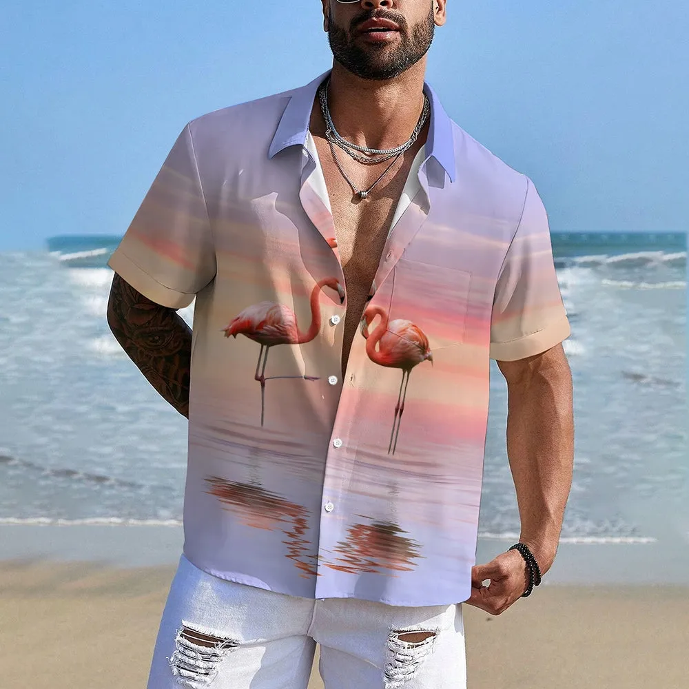 Sunset Flamingo Casual Short Sleeve Shirt 2409002763