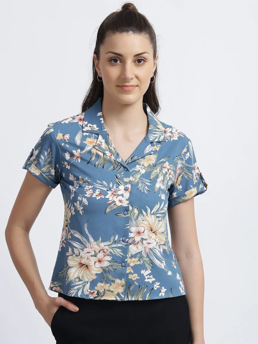 Teal Tropical Print Regular Shirt