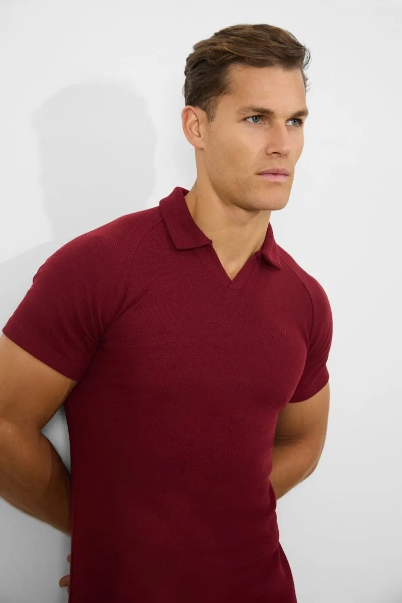 Textured Open Collar Polo Shirt in Claret