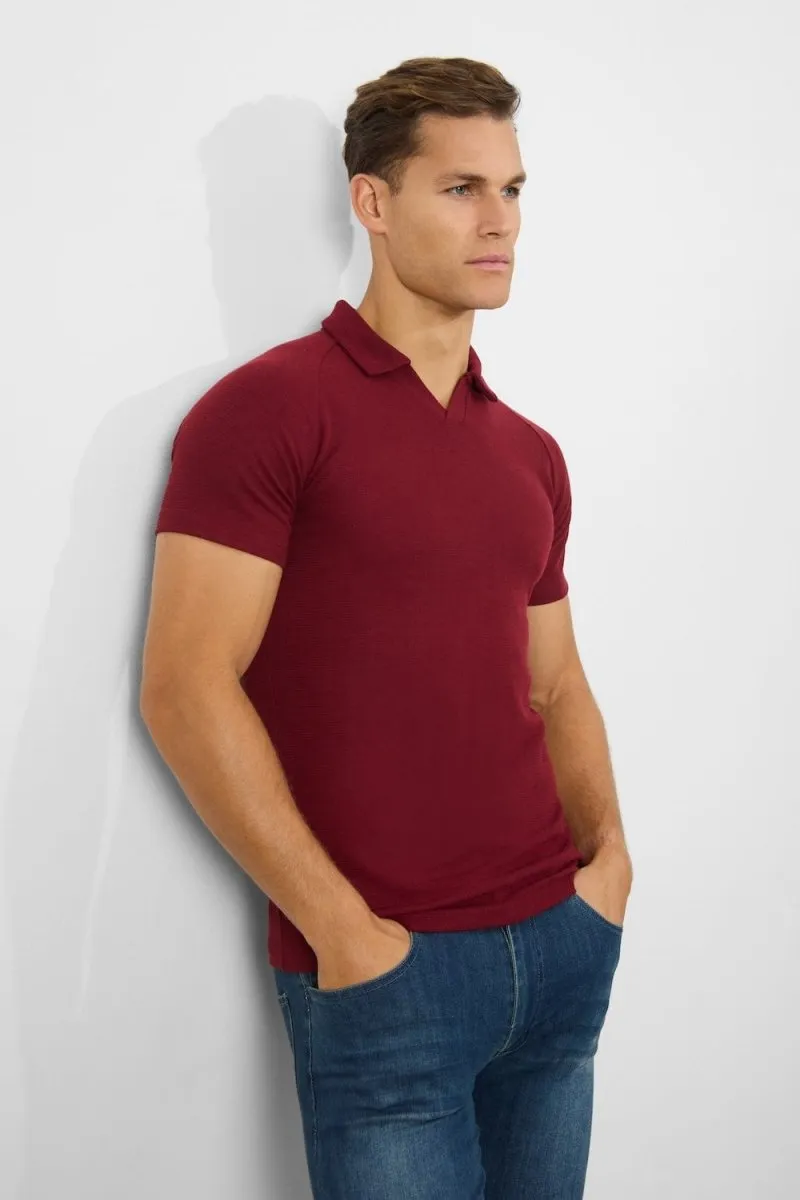 Textured Open Collar Polo Shirt in Claret