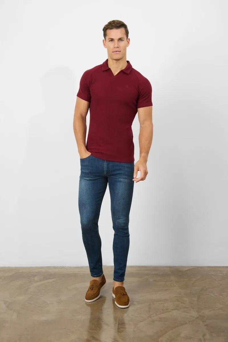 Textured Open Collar Polo Shirt in Claret