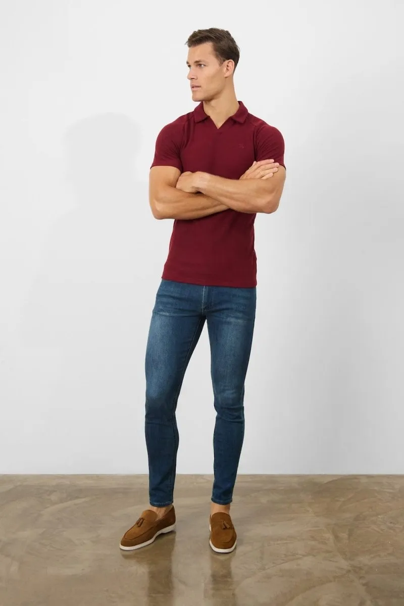 Textured Open Collar Polo Shirt in Claret