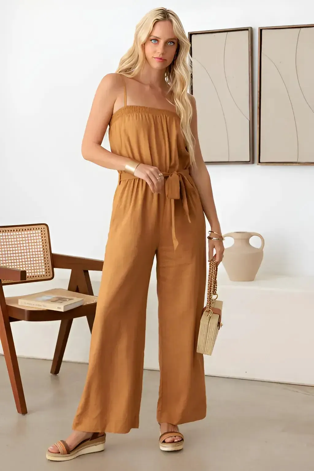 TIE WAIST LINEN SMOCKED NECK-LINE JUMPSUIT