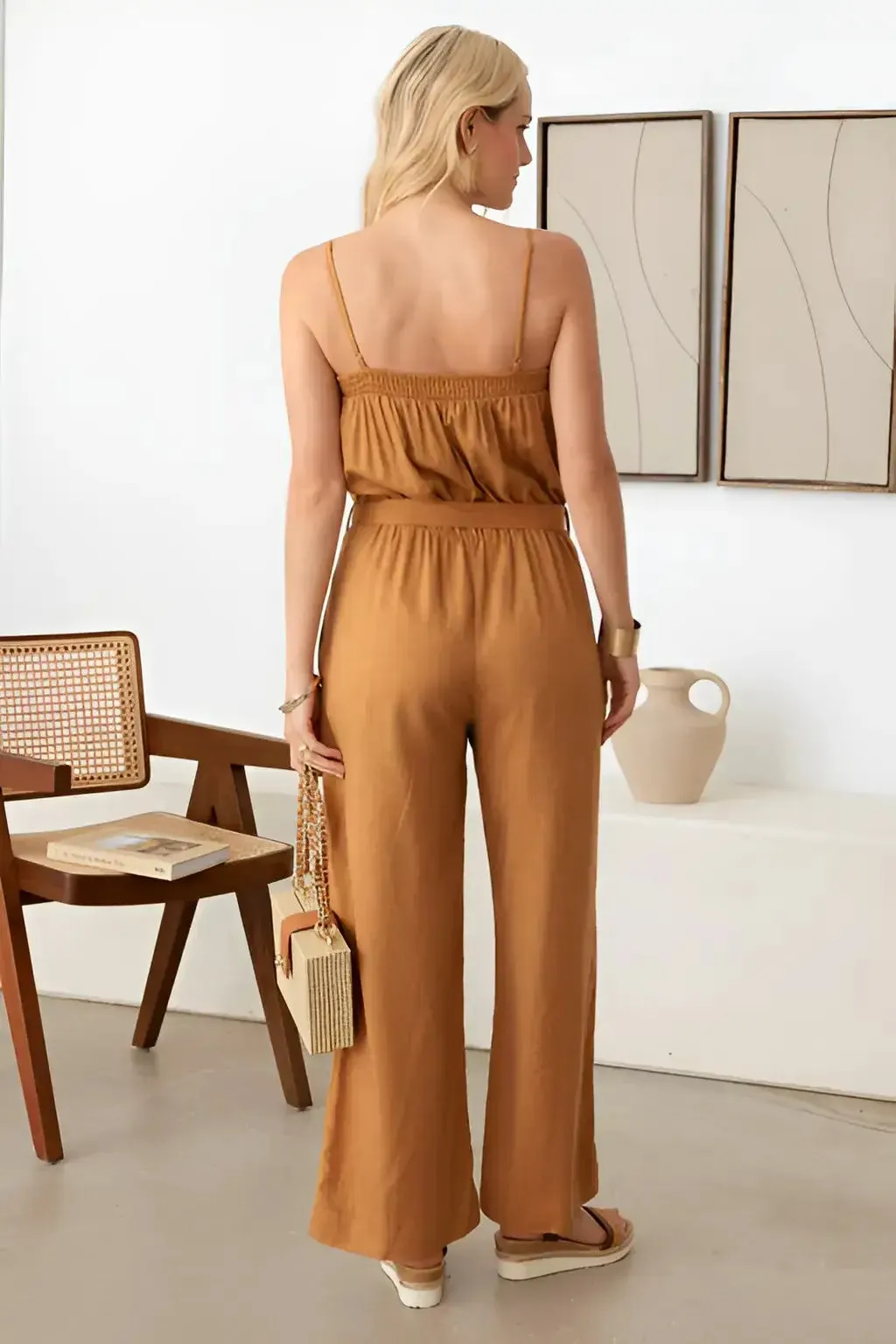 TIE WAIST LINEN SMOCKED NECK-LINE JUMPSUIT