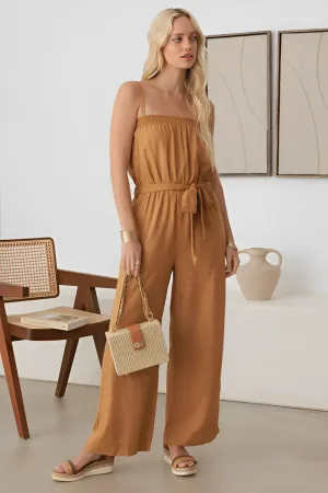 TIE WAIST LINEN SMOCKED NECK-LINE JUMPSUIT