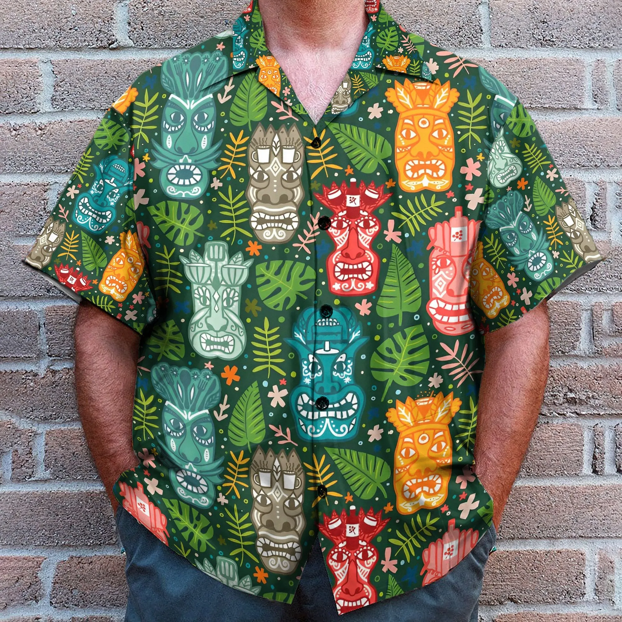 Tiki Tropical Green Men's Button's Up Shirts - Hawaiian Shirt & Beach Shorts