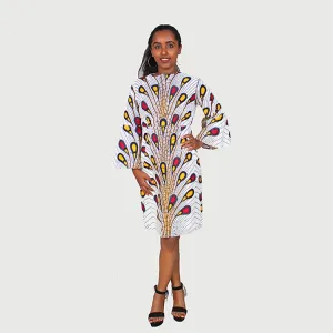 Traditional African Kitenge Wax Print Hollandaise White Ground Peacock Pattern Knee Length  Long Sleeve Dress