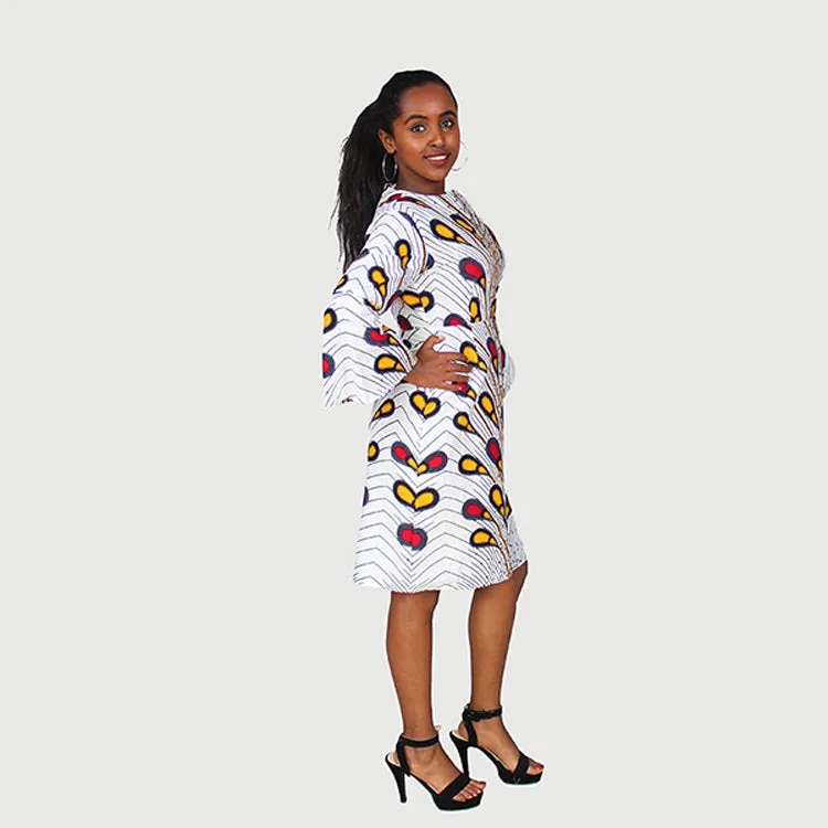 Traditional African Kitenge Wax Print Hollandaise White Ground Peacock Pattern Knee Length  Long Sleeve Dress