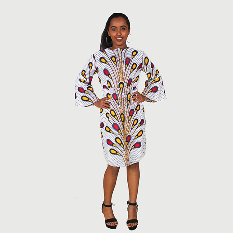 Traditional African Kitenge Wax Print Hollandaise White Ground Peacock Pattern Knee Length  Long Sleeve Dress