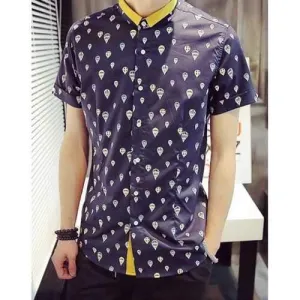 Trendy Shirt Collar Hot Air Balloon Print Slimming Short Sleeve Polyester Shirt For Men - Deep Blue L