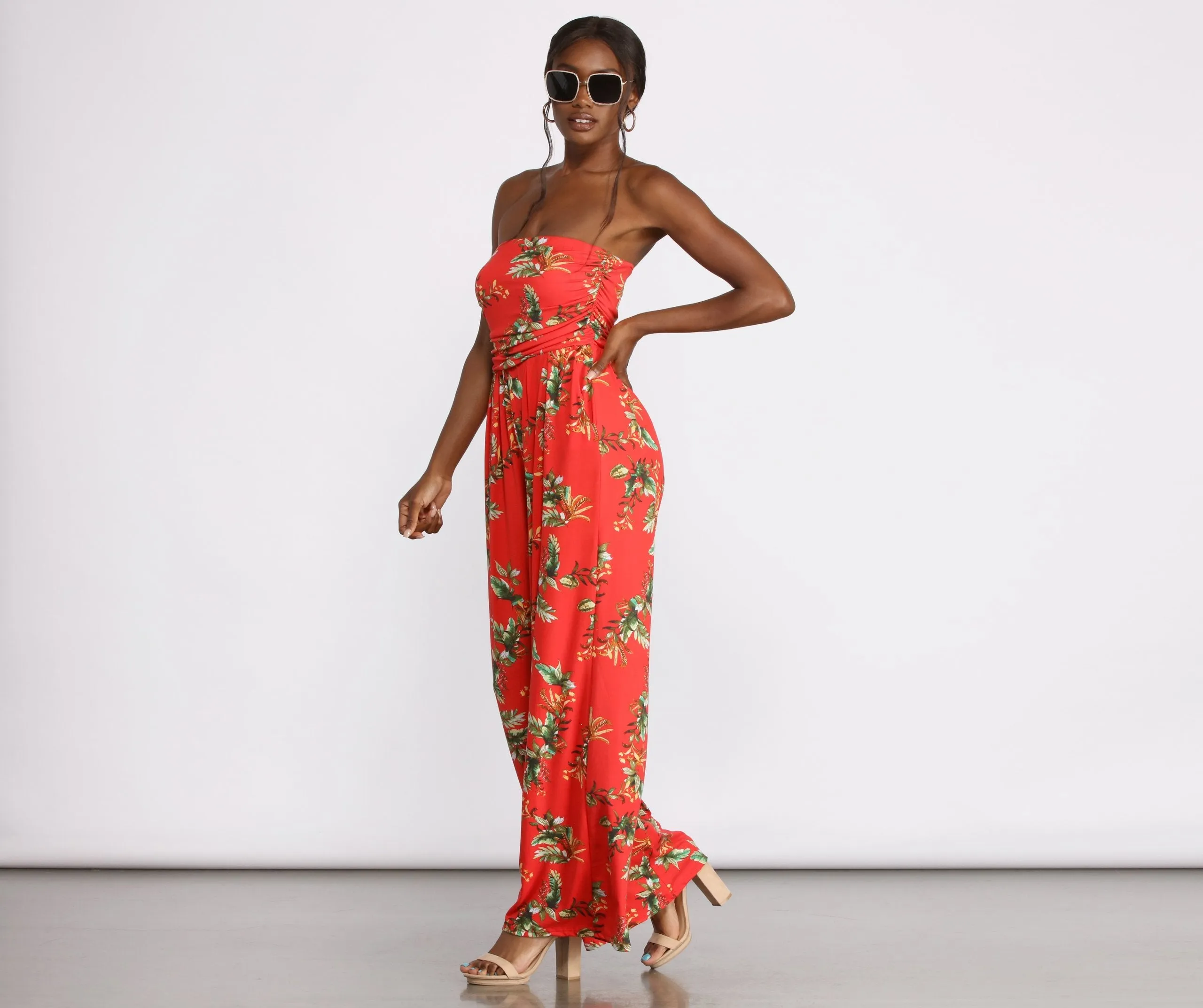 Tropical Floral Sleeveless Wide Leg Jumpsuit