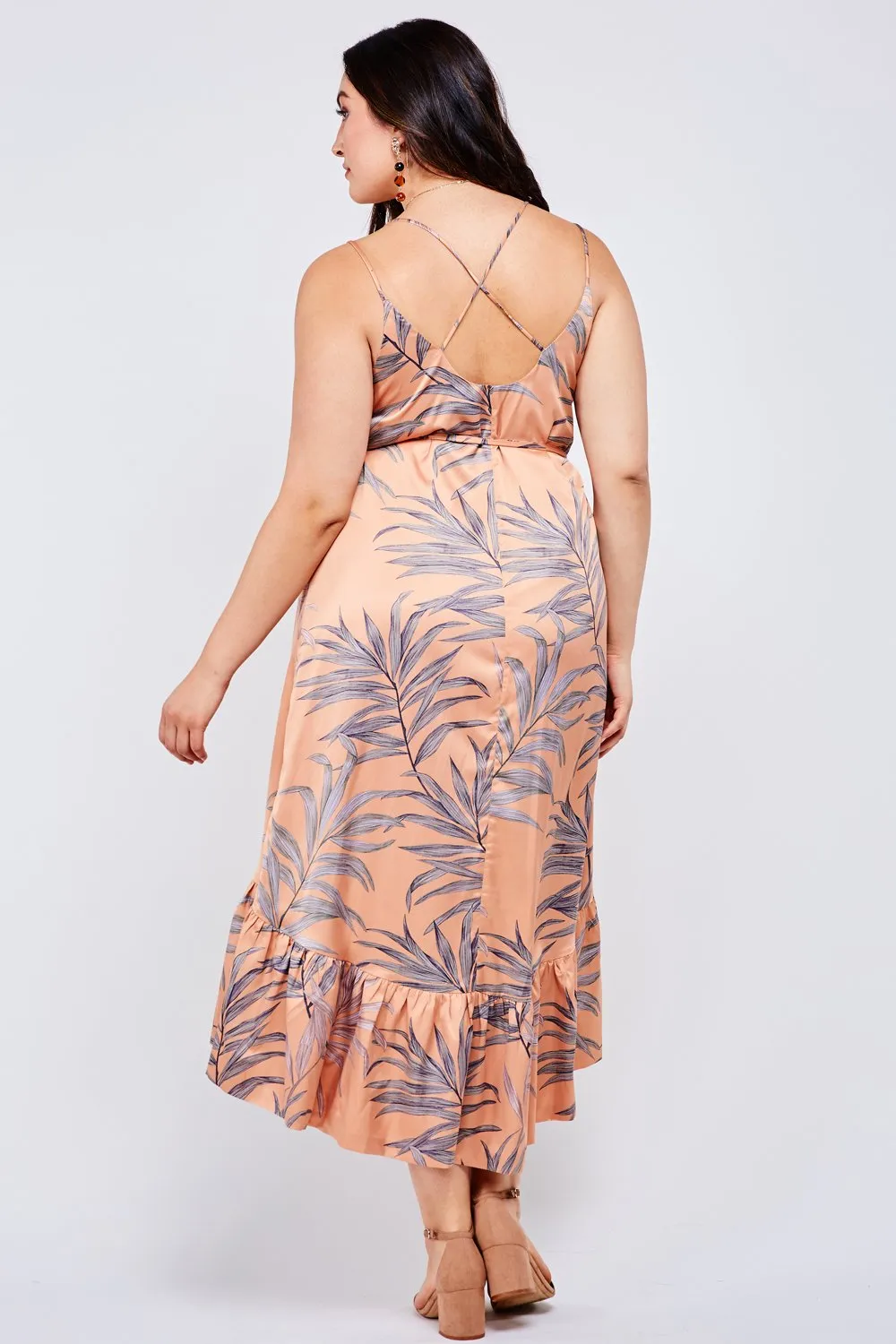 Tropical leaf print copper midi dress