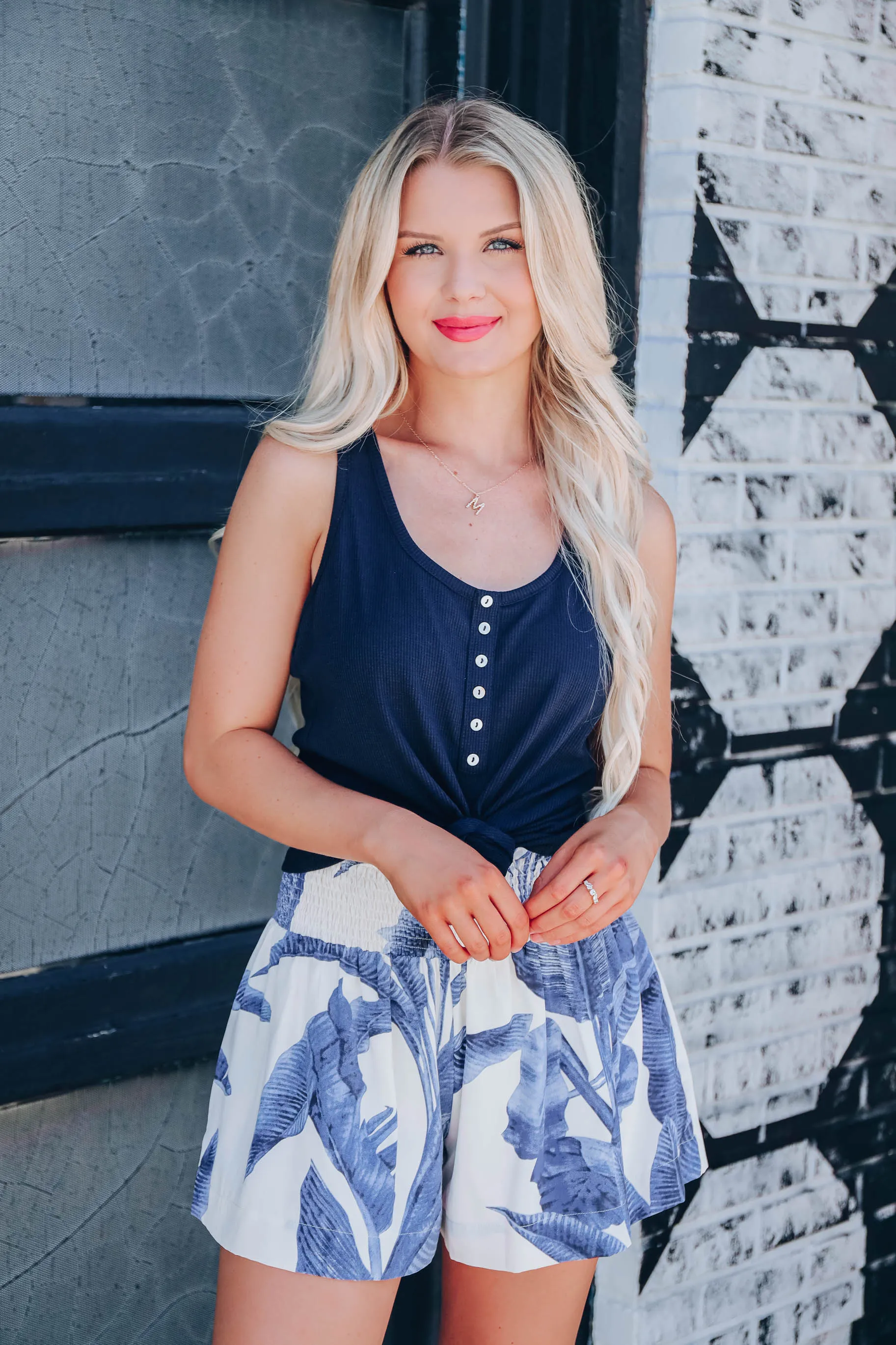 Tropical Leaf Smocked Shorts - Blue
