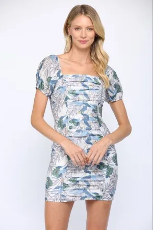 Tropical Print Shirred Dress