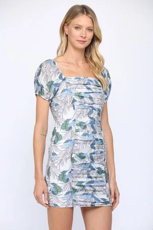 Tropical Print Shirred Dress