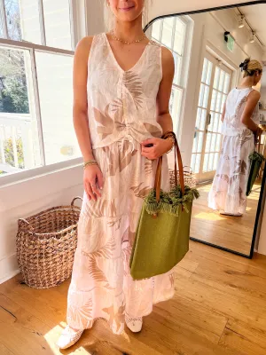 Tropical Printed Linen Tank Top - Beige