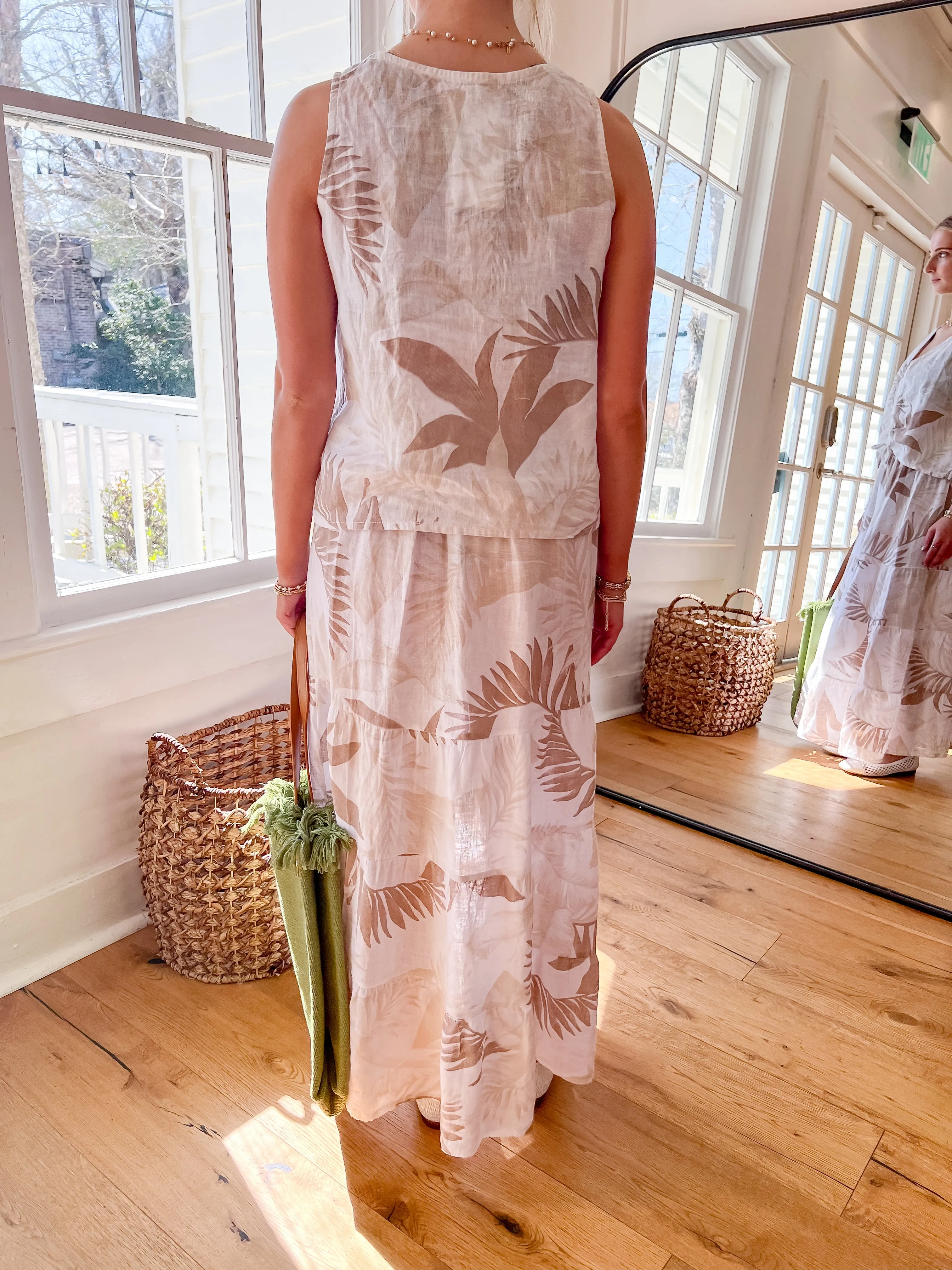 Tropical Printed Linen Tank Top - Beige