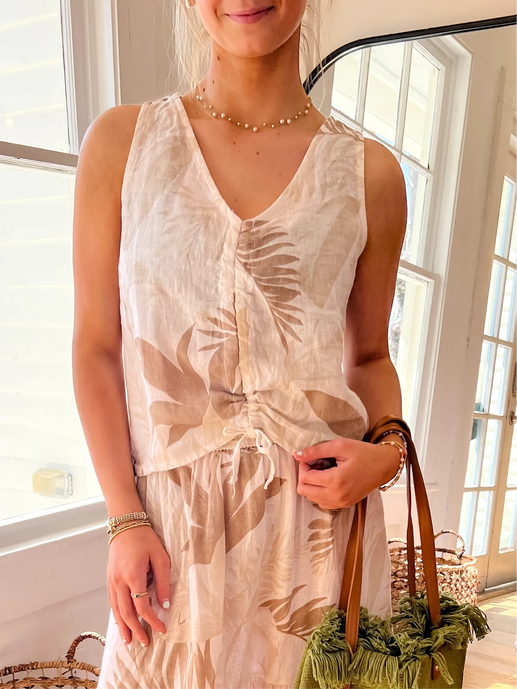 Tropical Printed Linen Tank Top - Beige