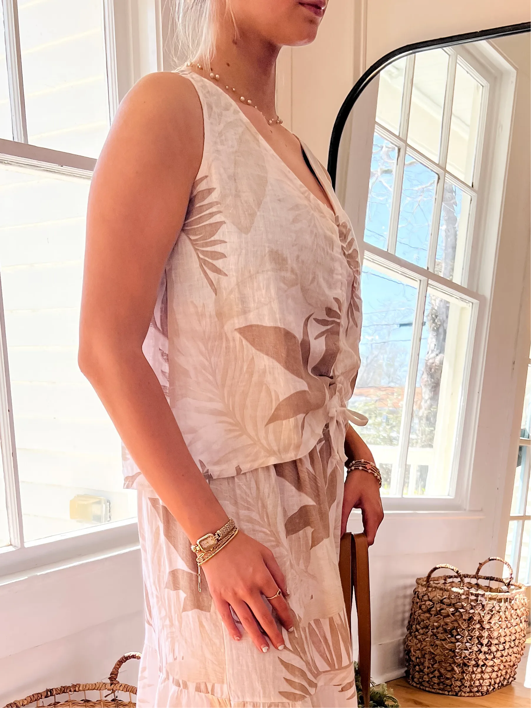 Tropical Printed Linen Tank Top - Beige