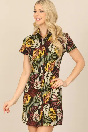 TROPICAL SHORT SLEEVE COLLARED BUTTON DOWN MINI DRESS