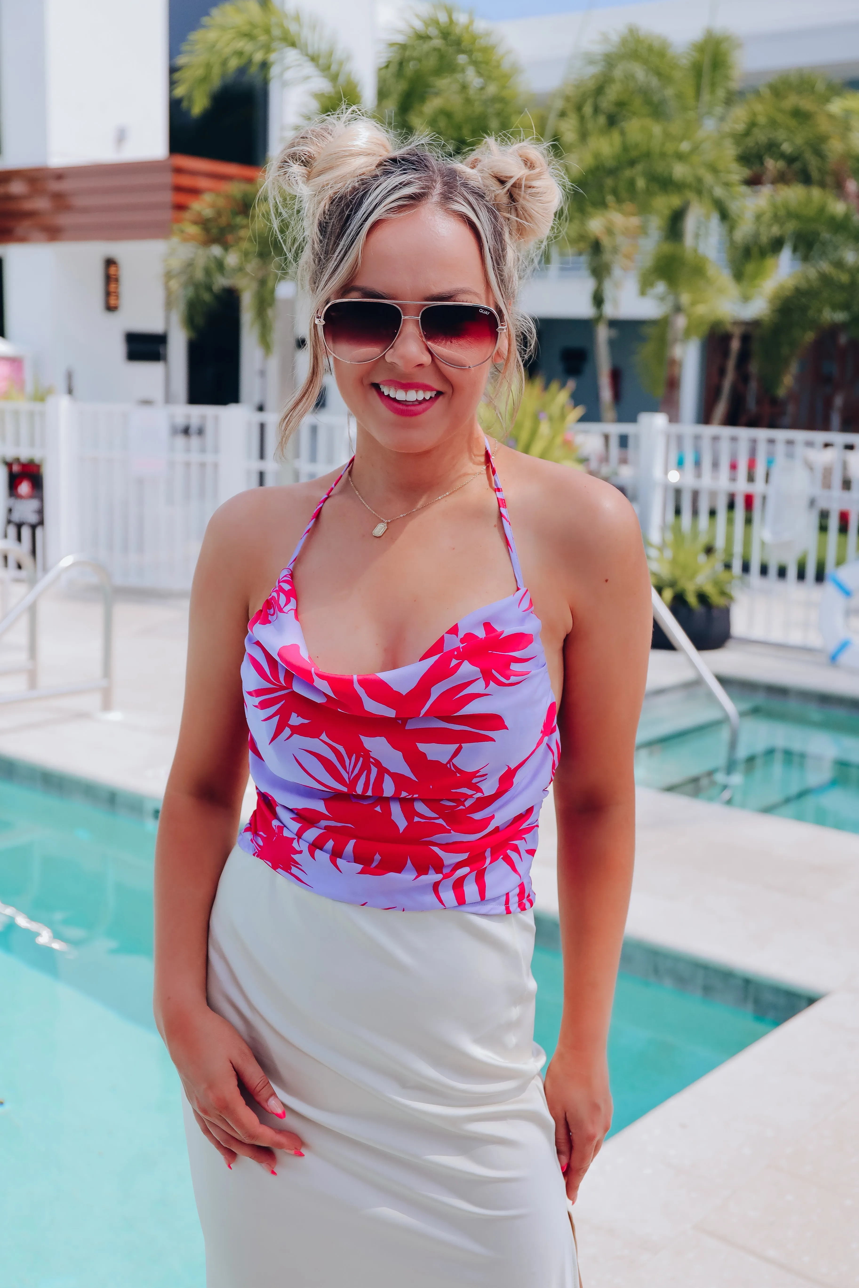 Tropical Twist Cowl Neck Halter Top