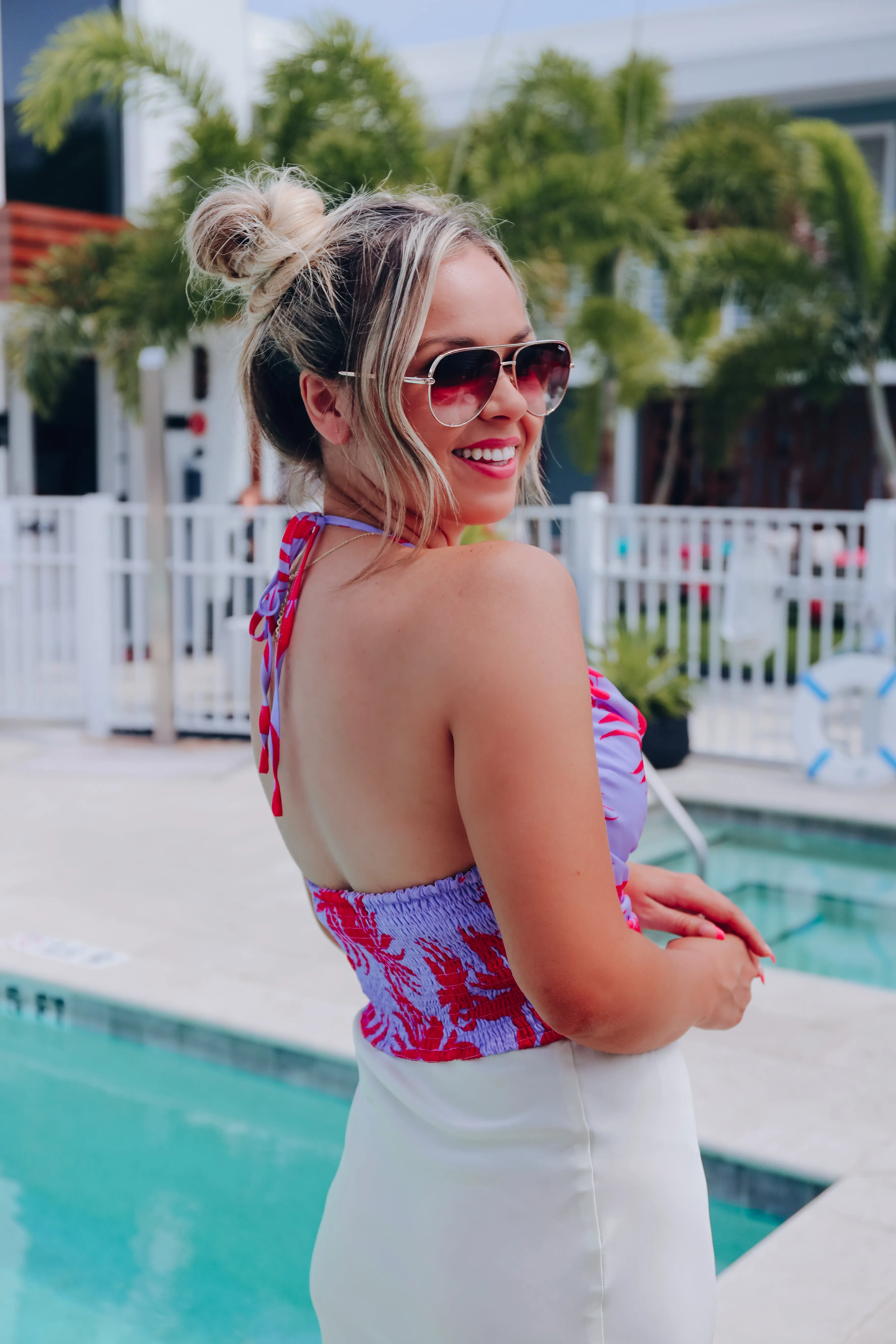 Tropical Twist Cowl Neck Halter Top