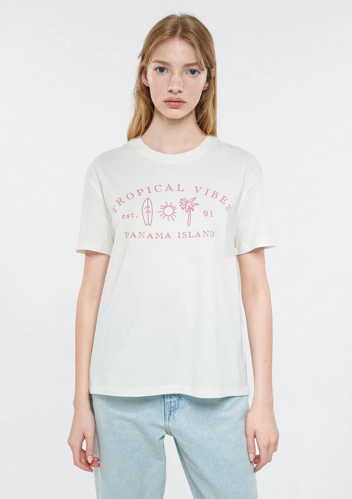 Tropical Vibes Printed Off White T-Shirt