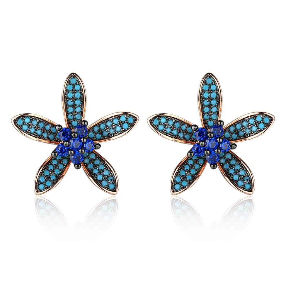 Unique 925 Silver Lilac Flower Stud Earrings with Blue Cubic Zirconia Stones, Fashion Jewelry Ear Stud, Best Gift Option for Women