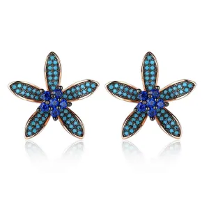 Unique 925 Silver Lilac Flower Stud Earrings with Blue Cubic Zirconia Stones, Fashion Jewelry Ear Stud, Best Gift Option for Women