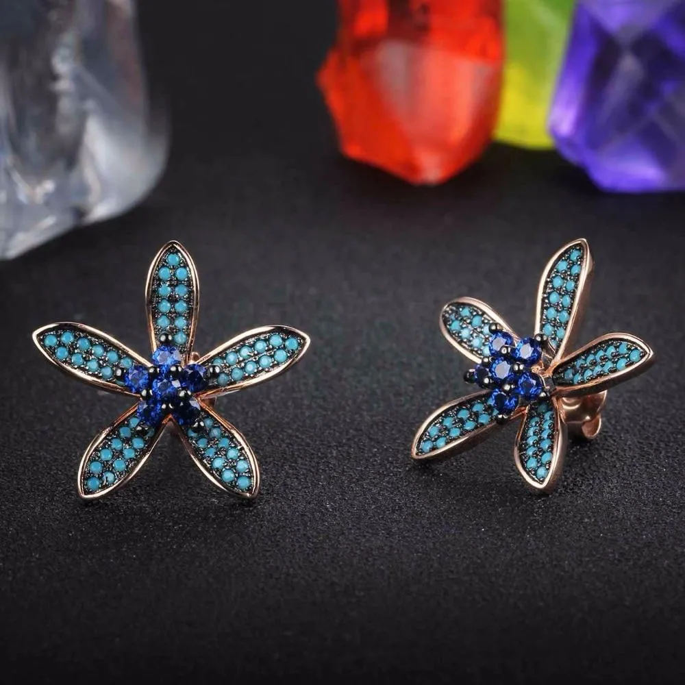 Unique 925 Silver Lilac Flower Stud Earrings with Blue Cubic Zirconia Stones, Fashion Jewelry Ear Stud, Best Gift Option for Women