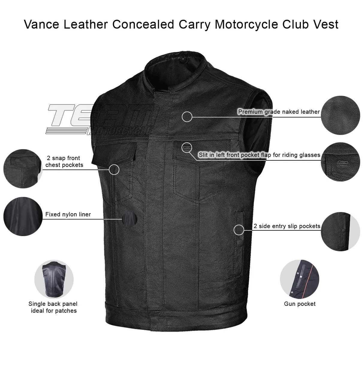 Vance VL913 Mens Black Premium Cowhide Leather SOA Club Style Biker Motorcycle Vest